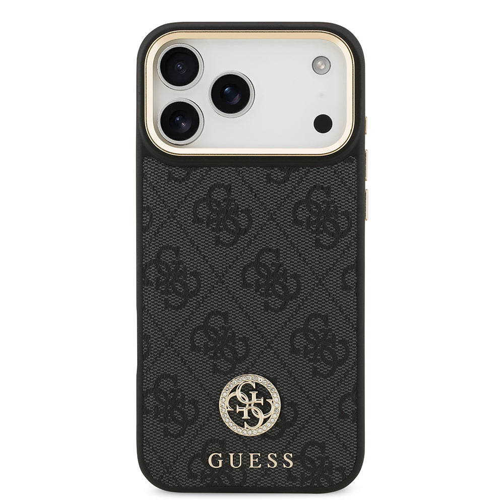 Apple iPhone 17 Pro Max Kılıf Guess Orjinal Lisanslı M-safe Şarj Özellikli Gold Metal Kamera Çerçeveli Taşlı 4G Logolu Kapak Siyah