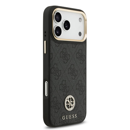 Apple iPhone 17 Pro Max Kılıf Guess Orjinal Lisanslı M-safe Şarj Özellikli Gold Metal Kamera Çerçeveli Taşlı 4G Logolu Kapak Siyah
