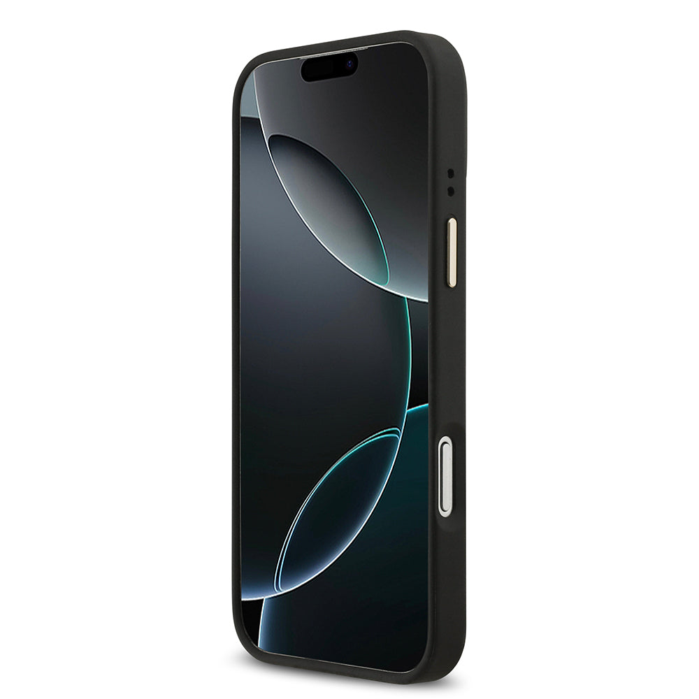 Apple iPhone 17 Pro Max Kılıf Guess Orjinal Lisanslı M-safe Şarj Özellikli Gold Metal Kamera Çerçeveli Taşlı 4G Logolu Kapak Siyah