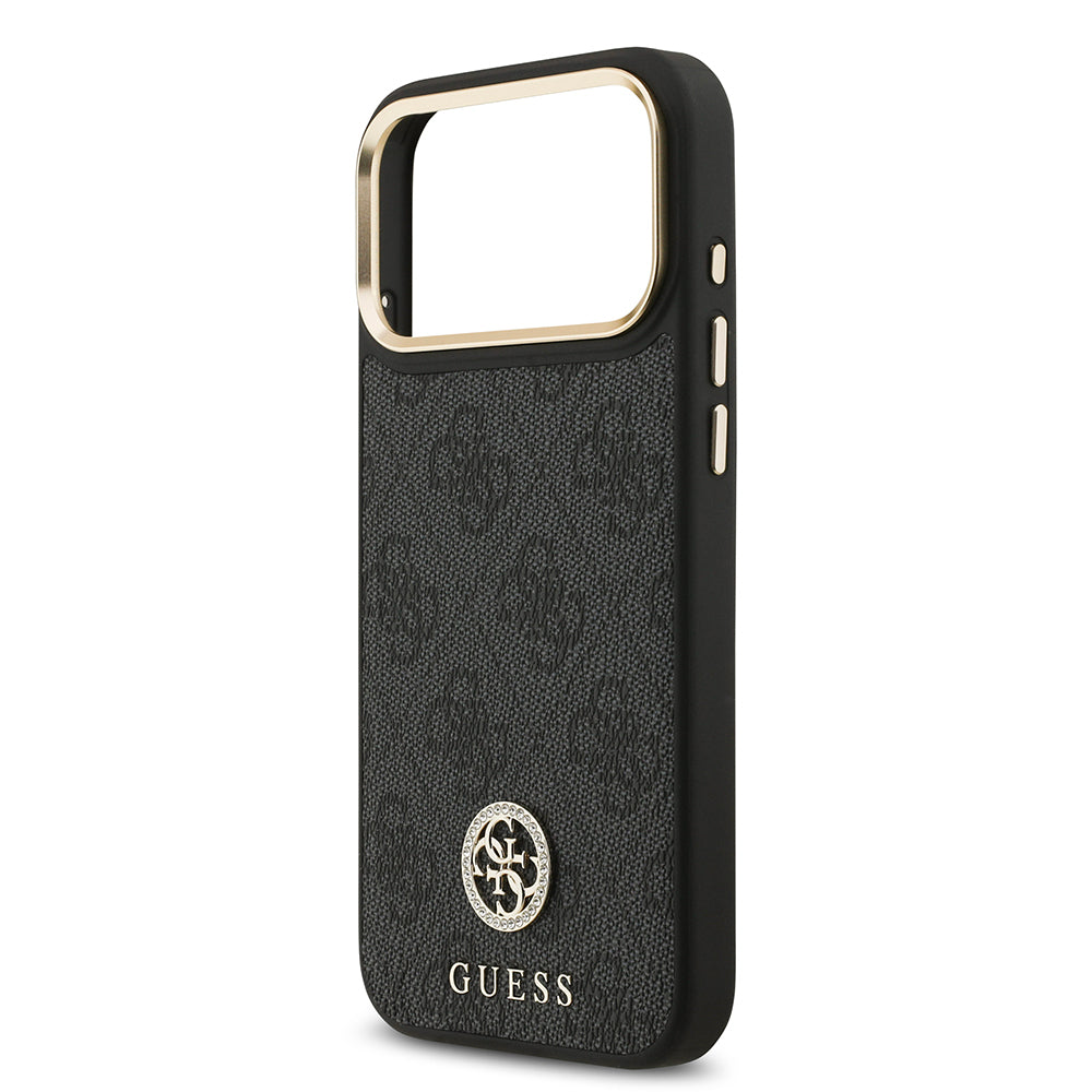 Apple iPhone 17 Pro Max Kılıf Guess Orjinal Lisanslı M-safe Şarj Özellikli Gold Metal Kamera Çerçeveli Taşlı 4G Logolu Kapak Siyah