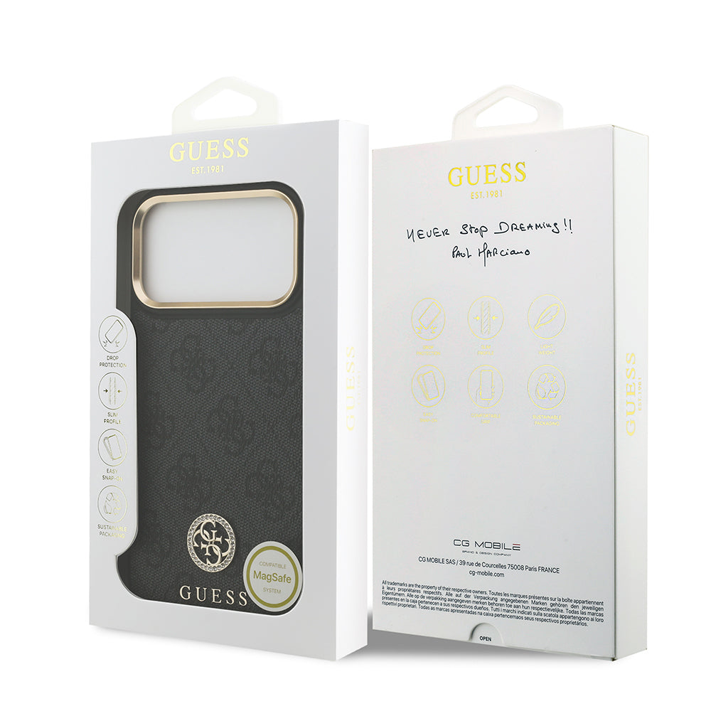 Apple iPhone 17 Pro Max Case Guess Original Licensed M-safe Charging Feature Gold Metal Camera Frame Stone 4G Logo Cover Black