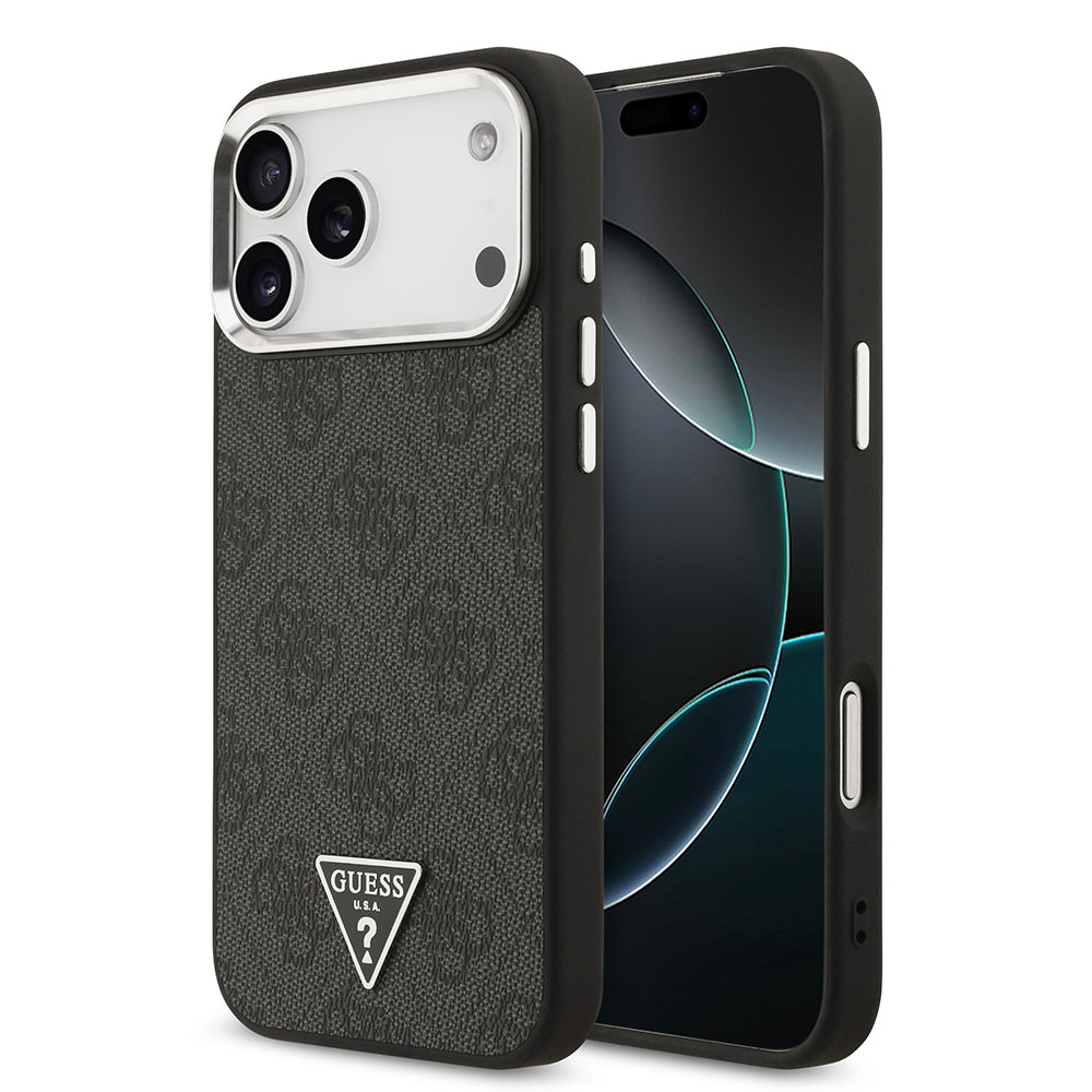 Apple iPhone 17 Pro Max Kılıf Guess Orjinal Lisanslı M-safe Şarj Özellikli Gold Metal Kamera Çerçeveli Taşlı Üçgen Logo 4G Desenli Kapak Kahverengi