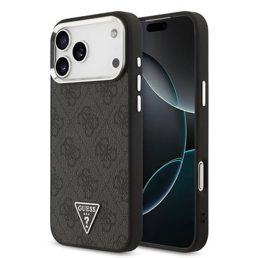 Apple iPhone 17 Pro Max Kılıf Guess Orjinal Lisanslı M-safe Şarj Özellikli Gold Metal Kamera Çerçeveli Taşlı Üçgen Logo 4G Desenli Kapak Kahverengi