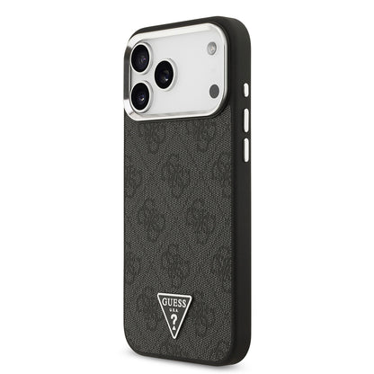 Apple iPhone 17 Pro Max Kılıf Guess Orjinal Lisanslı M-safe Şarj Özellikli Gold Metal Kamera Çerçeveli Taşlı Üçgen Logo 4G Desenli Kapak Siyah