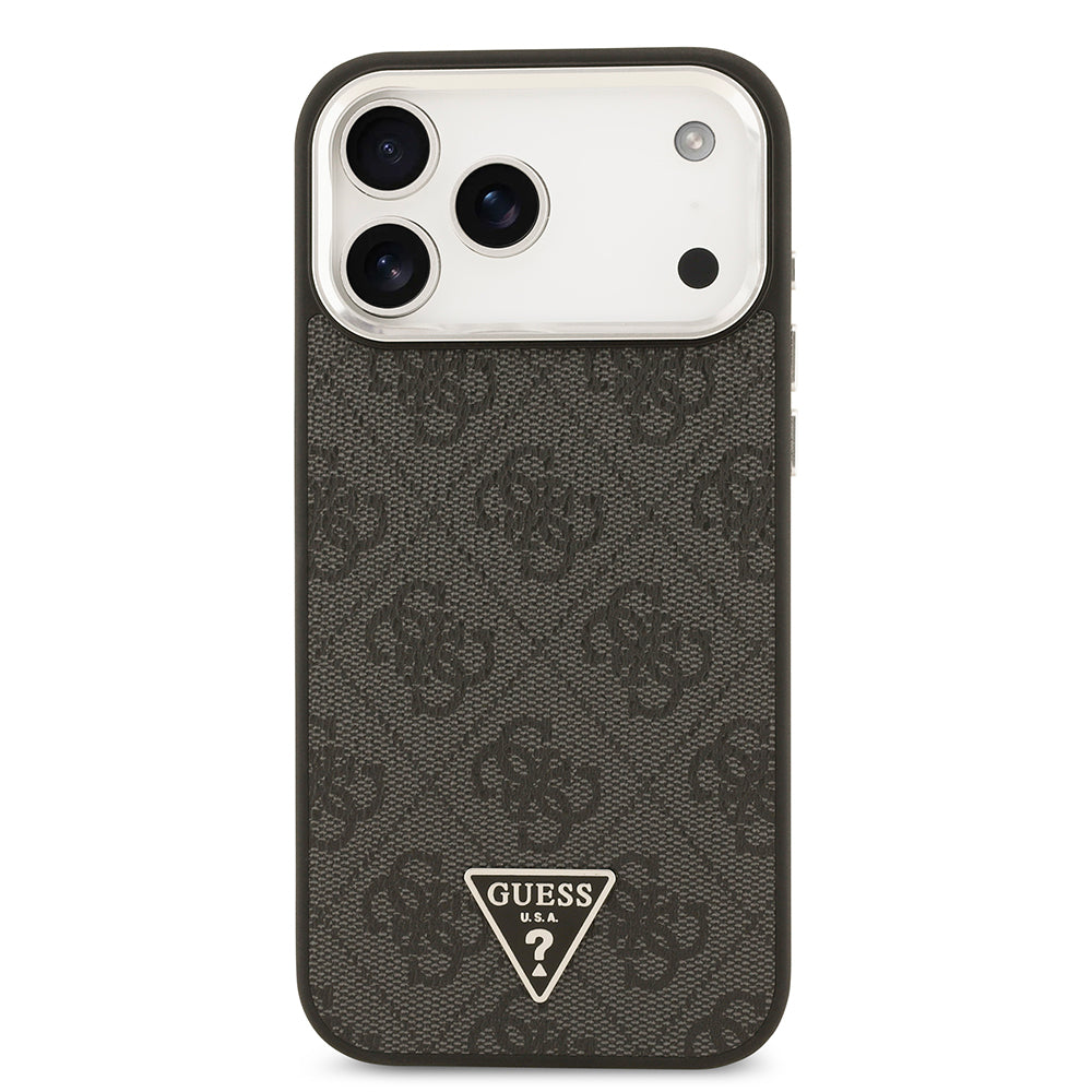 Apple iPhone 17 Pro Max Kılıf Guess Orjinal Lisanslı M-safe Şarj Özellikli Gold Metal Kamera Çerçeveli Taşlı Üçgen Logo 4G Desenli Kapak Kahverengi