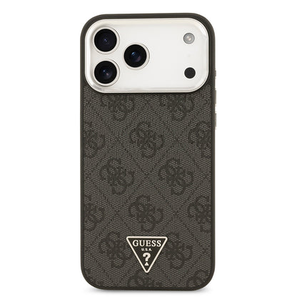 Apple iPhone 17 Pro Max Kılıf Guess Orjinal Lisanslı M-safe Şarj Özellikli Gold Metal Kamera Çerçeveli Taşlı Üçgen Logo 4G Desenli Kapak Kahverengi