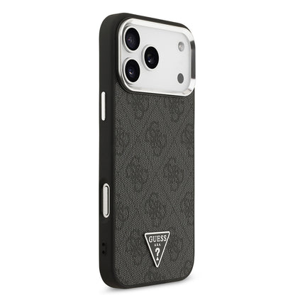 Apple iPhone 17 Pro Max Kılıf Guess Orjinal Lisanslı M-safe Şarj Özellikli Gold Metal Kamera Çerçeveli Taşlı Üçgen Logo 4G Desenli Kapak Kahverengi