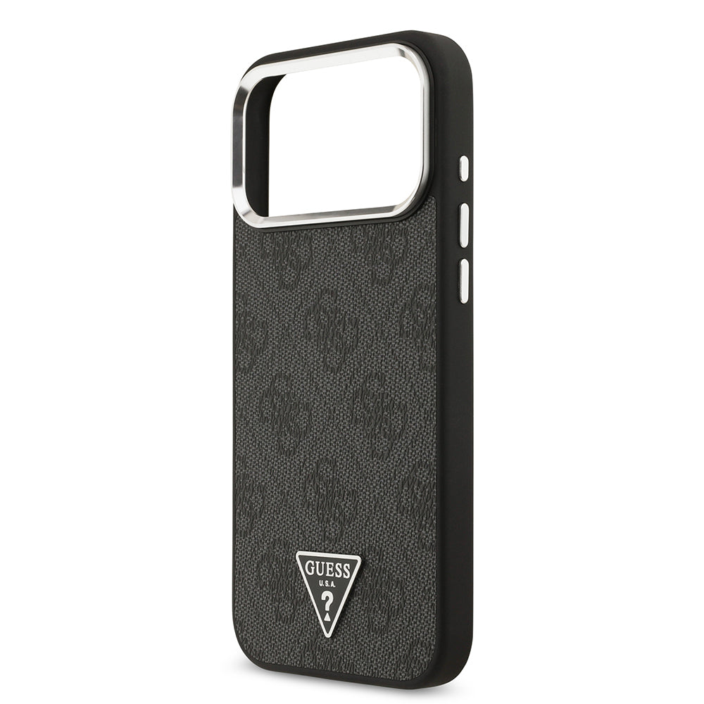 Apple iPhone 17 Pro Max Kılıf Guess Orjinal Lisanslı M-safe Şarj Özellikli Gold Metal Kamera Çerçeveli Taşlı Üçgen Logo 4G Desenli Kapak Siyah