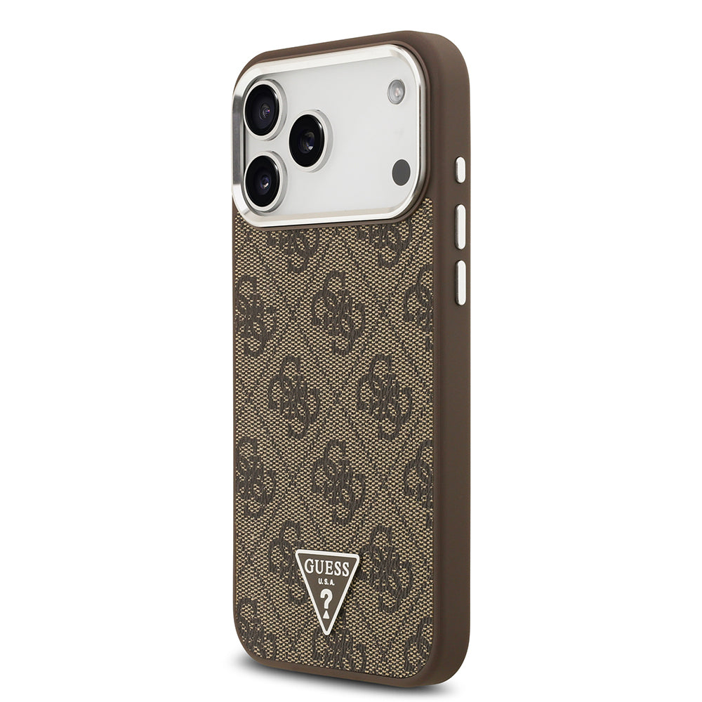 Apple iPhone 17 Pro Max Kılıf Guess Orjinal Lisanslı M-safe Şarj Özellikli Gold Metal Kamera Çerçeveli Taşlı Üçgen Logo 4G Desenli Kapak Siyah