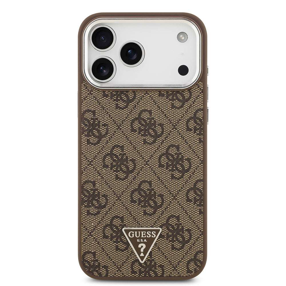 Apple iPhone 17 Pro Max Kılıf Guess Orjinal Lisanslı M-safe Şarj Özellikli Gold Metal Kamera Çerçeveli Taşlı Üçgen Logo 4G Desenli Kapak Siyah