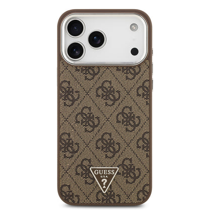Apple iPhone 17 Pro Max Kılıf Guess Orjinal Lisanslı M-safe Şarj Özellikli Gold Metal Kamera Çerçeveli Taşlı Üçgen Logo 4G Desenli Kapak Siyah
