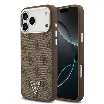 Apple iPhone 17 Pro Max Kılıf Guess Orjinal Lisanslı M-safe Şarj Özellikli Gold Metal Kamera Çerçeveli Taşlı Üçgen Logo 4G Desenli Kapak Kahverengi
