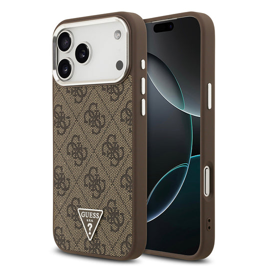 Apple iPhone 17 Pro Max Kılıf Guess Orjinal Lisanslı M-safe Şarj Özellikli Gold Metal Kamera Çerçeveli Taşlı Üçgen Logo 4G Desenli Kapak Kahverengi