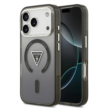 Apple iPhone 17 Pro Max Kılıf Guess Orjinal Lisanslı M-safe Şarj Özellikli IML Baskılı Üçgen Logolu Metal Kamera Çerçeveli Kapak