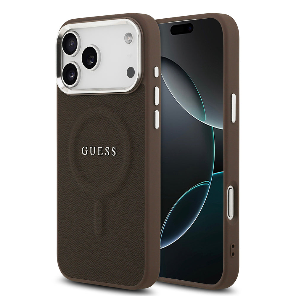 Apple iPhone 17 Pro Max Kılıf Guess Orjinal Lisanslı M-safe Şarj Özellikli Klasik Yazı Logolu PU Deri Kapak
