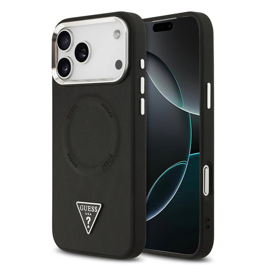 Apple iPhone 17 Pro Max Case Guess Original Licensed M-safe Charging Function PU Leather Metal Camera Frame Triangle Logo Cover Black