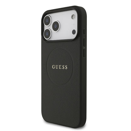 Apple iPhone 17 Pro Max Kılıf Guess Orjinal Lisanslı M-safe Şarj Özellikli Yazı Logolu PU Deri Kapak Siyah