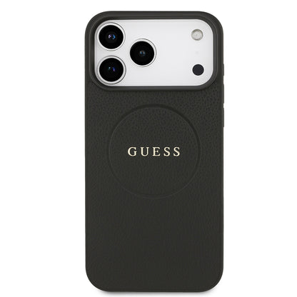 Apple iPhone 17 Pro Max Kılıf Guess Orjinal Lisanslı M-safe Şarj Özellikli Yazı Logolu PU Deri Kapak Siyah