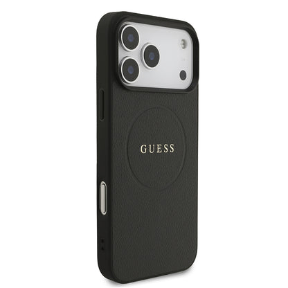 Apple iPhone 17 Pro Max Kılıf Guess Orjinal Lisanslı M-safe Şarj Özellikli Yazı Logolu PU Deri Kapak Siyah