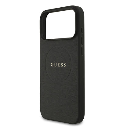 Apple iPhone 17 Pro Max Kılıf Guess Orjinal Lisanslı M-safe Şarj Özellikli Yazı Logolu PU Deri Kapak Siyah