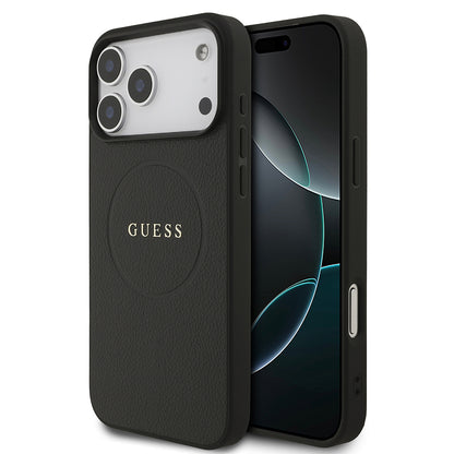 Apple iPhone 17 Pro Max Kılıf Guess Orjinal Lisanslı M-safe Şarj Özellikli Yazı Logolu PU Deri Kapak Siyah