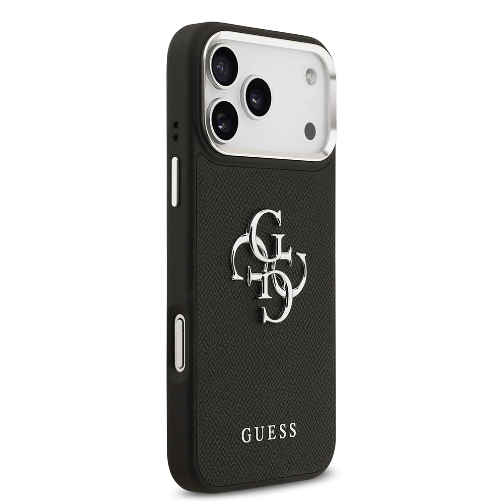 Apple iPhone 17 Pro Max Kılıf Guess Orjinal Lisanslı Metal Kamera Çerçeveli Metal Büyük 4G ve Yazı Logolu PU Deri Kapak Siyah