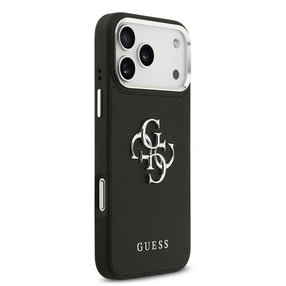 Apple iPhone 17 Pro Max Kılıf Guess Orjinal Lisanslı Metal Kamera Çerçeveli Metal Büyük 4G ve Yazı Logolu PU Deri Kapak Siyah