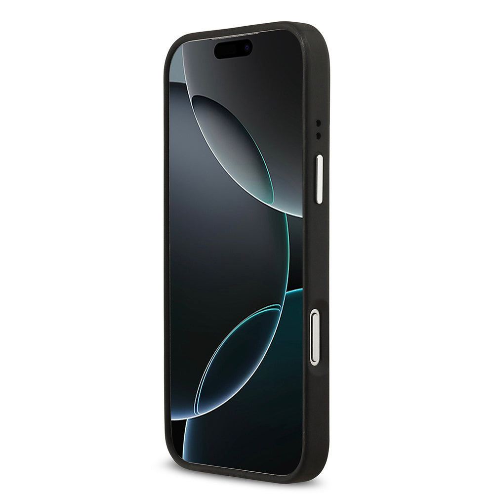 Apple iPhone 17 Pro Max Kılıf Guess Orjinal Lisanslı Metal Kamera Çerçeveli Metal Büyük 4G ve Yazı Logolu PU Deri Kapak Siyah