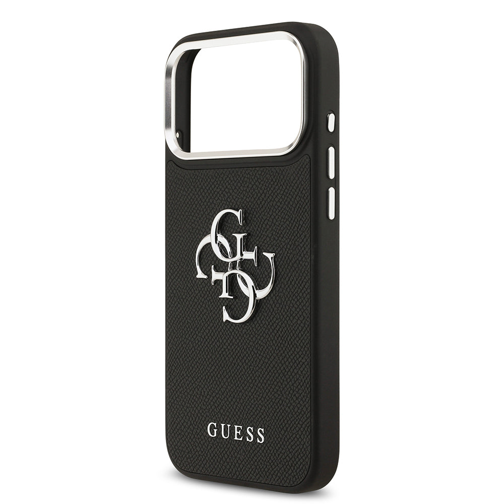 Apple iPhone 17 Pro Max Kılıf Guess Orjinal Lisanslı Metal Kamera Çerçeveli Metal Büyük 4G ve Yazı Logolu PU Deri Kapak Siyah