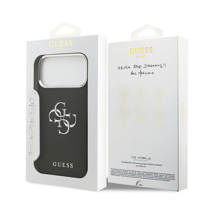 Apple iPhone 17 Pro Max Kılıf Guess Orjinal Lisanslı Metal Kamera Çerçeveli Metal Büyük 4G ve Yazı Logolu PU Deri Kapak Siyah