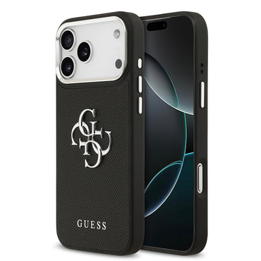 Apple iPhone 17 Pro Max Kılıf Guess Orjinal Lisanslı Metal Kamera Çerçeveli Metal Büyük 4G ve Yazı Logolu PU Deri Kapak Siyah