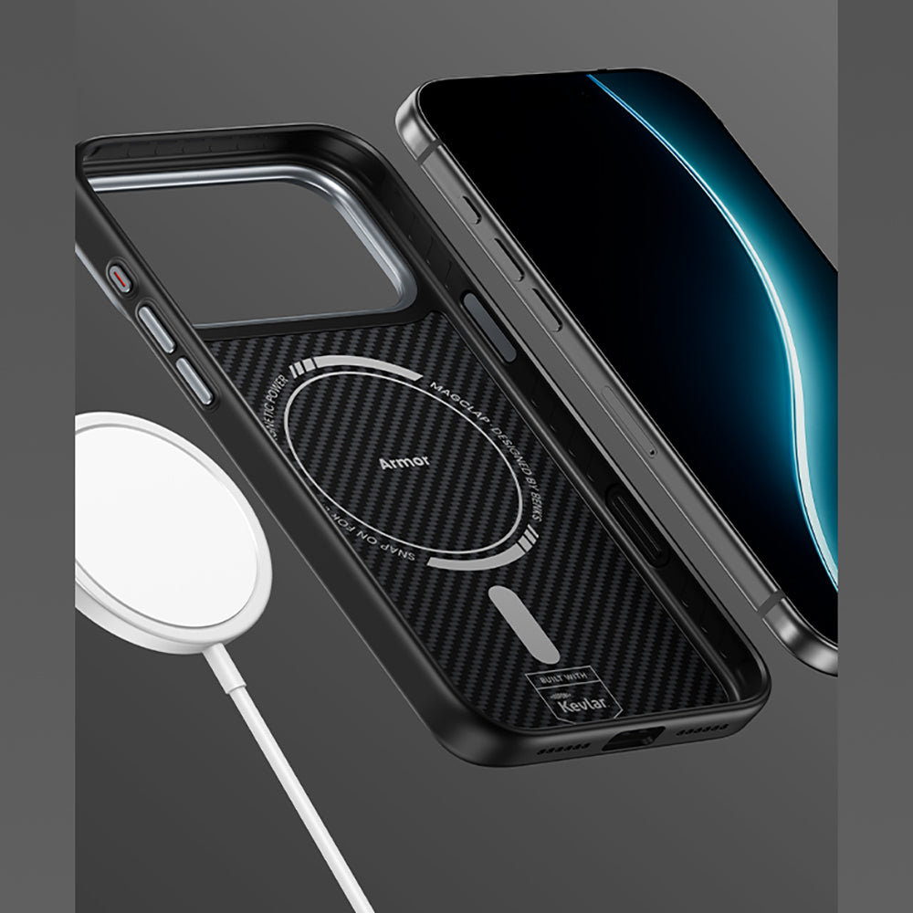 Apple iPhone 17 Pro Max Kılıf Karbon Fiber M-safe Şarj Özellikli Benks Hybrid ArmorPro 600D Kevlar Kapak Siyah