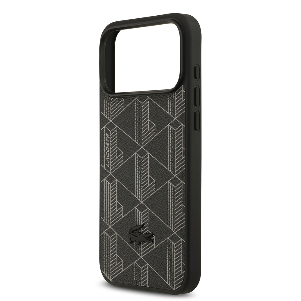 Apple iPhone 17 Pro Max Kılıf Lacoste Orjinal Lisanslı M-safe Şarj Özellikli PU Deri Tasarımlı Kartlıklı Karışık Monogram Desenli Kapak Siyah