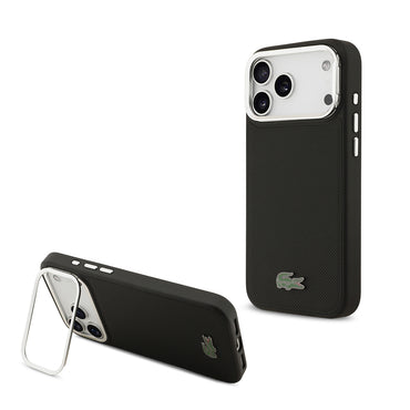 Apple iPhone 17 Pro Max Kılıf Lacoste Orjinal Lisanslı M-safe Şarj Özellikli PU Pike Desenli Standlı Metal Logolu Kapak Siyah