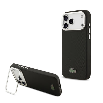 Apple iPhone 17 Pro Max Kılıf Lacoste Orjinal Lisanslı M-safe Şarj Özellikli PU Pike Desenli Standlı Metal Logolu Kapak Siyah