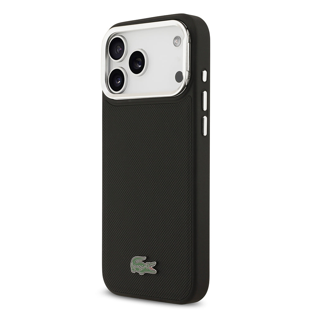 Apple iPhone 17 Pro Max Kılıf Lacoste Orjinal Lisanslı M-safe Şarj Özellikli PU Pike Desenli Standlı Metal Logolu Kapak Siyah