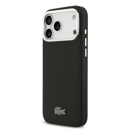 Apple iPhone 17 Pro Max Kılıf Lacoste Orjinal Lisanslı M-safe Şarj Özellikli PU Pike Desenli Standlı Metal Logolu Kapak Siyah