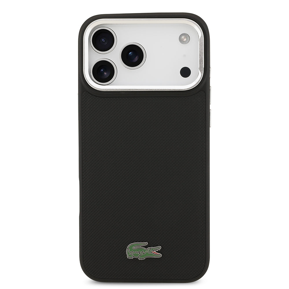 Apple iPhone 17 Pro Max Kılıf Lacoste Orjinal Lisanslı M-safe Şarj Özellikli PU Pike Desenli Standlı Metal Logolu Kapak Siyah