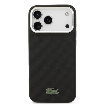 Apple iPhone 17 Pro Max Kılıf Lacoste Orjinal Lisanslı M-safe Şarj Özellikli PU Pike Desenli Standlı Metal Logolu Kapak Siyah