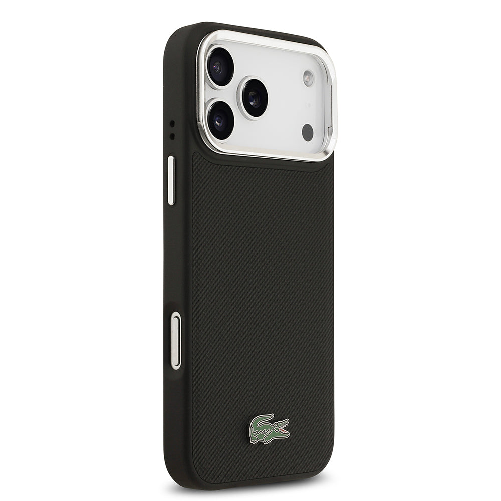 Apple iPhone 17 Pro Max Kılıf Lacoste Orjinal Lisanslı M-safe Şarj Özellikli PU Pike Desenli Standlı Metal Logolu Kapak Siyah
