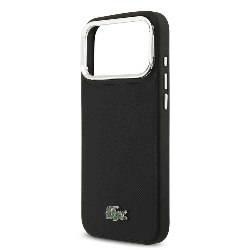 Apple iPhone 17 Pro Max Kılıf Lacoste Orjinal Lisanslı M-safe Şarj Özellikli PU Pike Desenli Standlı Metal Logolu Kapak Siyah