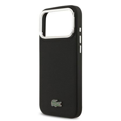 Apple iPhone 17 Pro Max Kılıf Lacoste Orjinal Lisanslı M-safe Şarj Özellikli PU Pike Desenli Standlı Metal Logolu Kapak Siyah