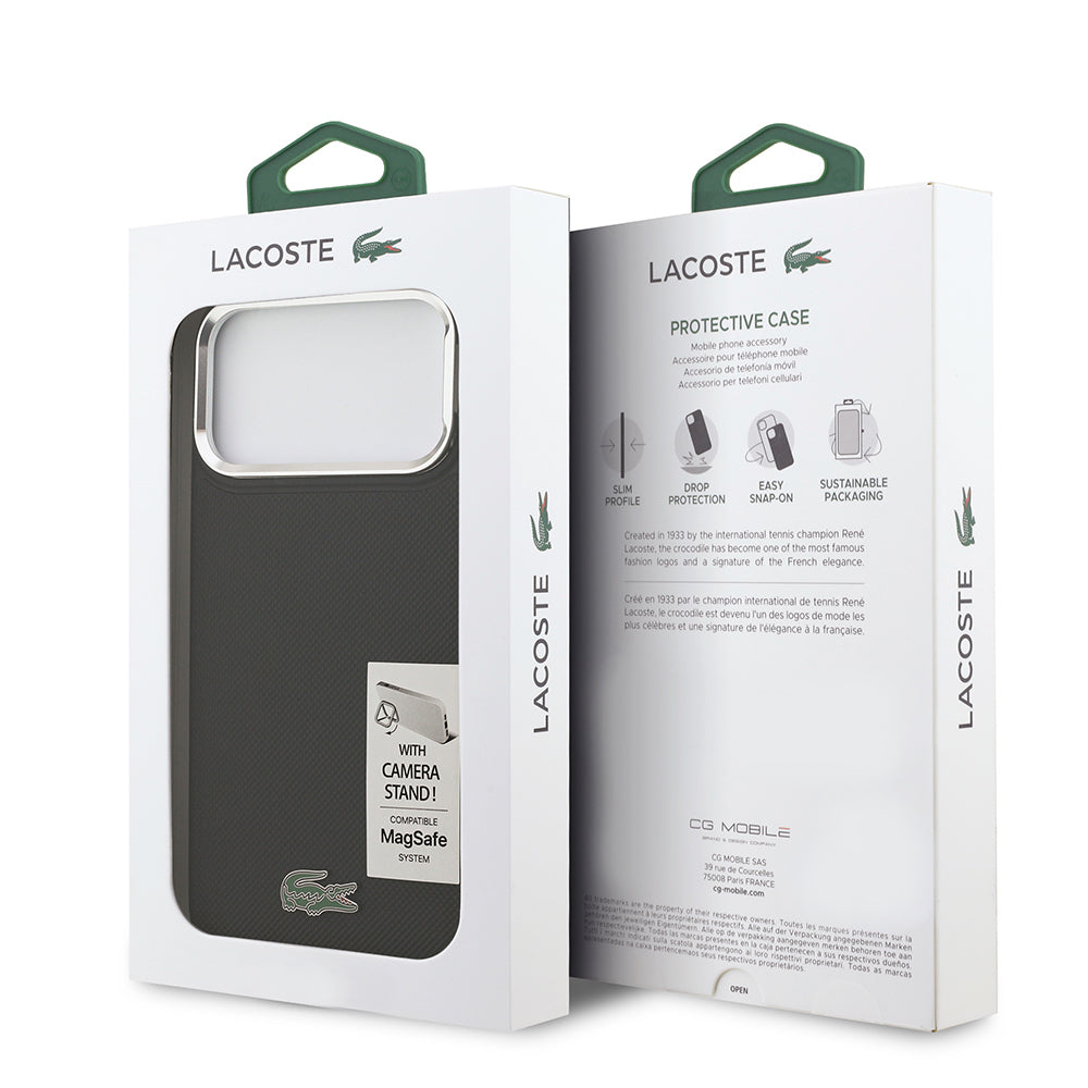 Apple iPhone 17 Pro Max Kılıf Lacoste Orjinal Lisanslı M-safe Şarj Özellikli PU Pike Desenli Standlı Metal Logolu Kapak Siyah