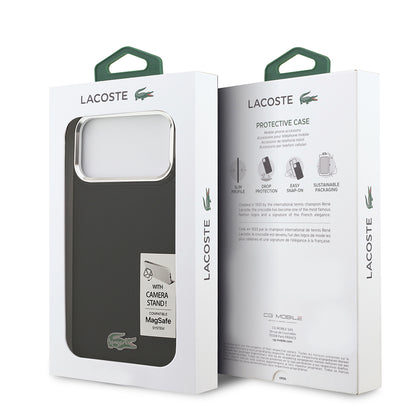 Apple iPhone 17 Pro Max Kılıf Lacoste Orjinal Lisanslı M-safe Şarj Özellikli PU Pike Desenli Standlı Metal Logolu Kapak Siyah