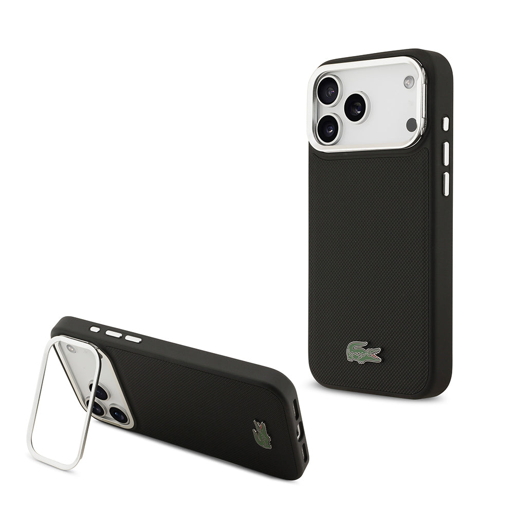 Apple iPhone 17 Pro Max Kılıf Lacoste Orjinal Lisanslı M-safe Şarj Özellikli PU Pike Desenli Standlı Metal Logolu Kapak Siyah