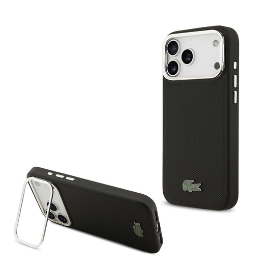 Apple iPhone 17 Pro Max Case Lacoste Original Licensed M-Safe Charging Feature PU Pique Pattern Stand Metal Logo Cover Black
