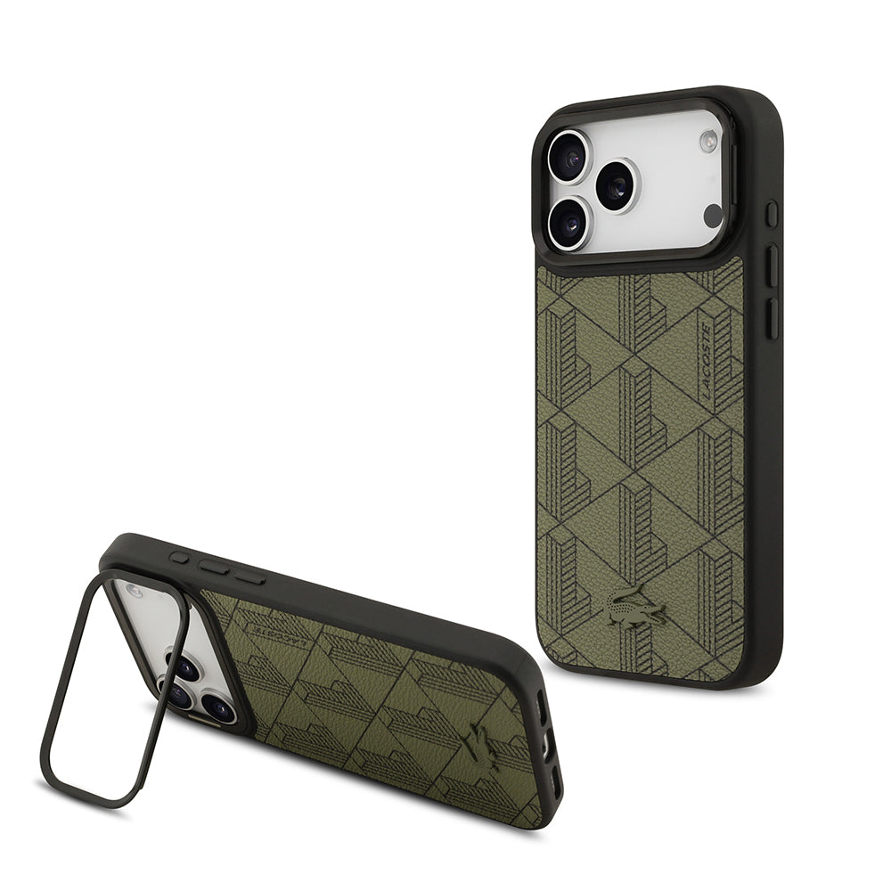 Apple iPhone 17 Pro Max Kılıf Lacoste Orjinal Lisanslı M-safe Şarj Özellikli Standlı PU Deri Karışık Monogram Desenli Kapak Yeşil