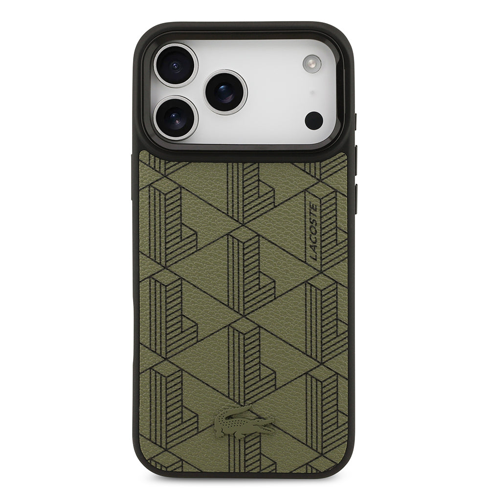 Apple iPhone 17 Pro Max Kılıf Lacoste Orjinal Lisanslı M-safe Şarj Özellikli Standlı PU Deri Karışık Monogram Desenli Kapak Yeşil
