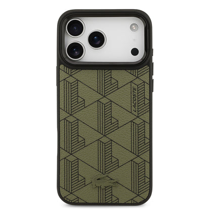 Apple iPhone 17 Pro Max Kılıf Lacoste Orjinal Lisanslı M-safe Şarj Özellikli Standlı PU Deri Karışık Monogram Desenli Kapak Yeşil