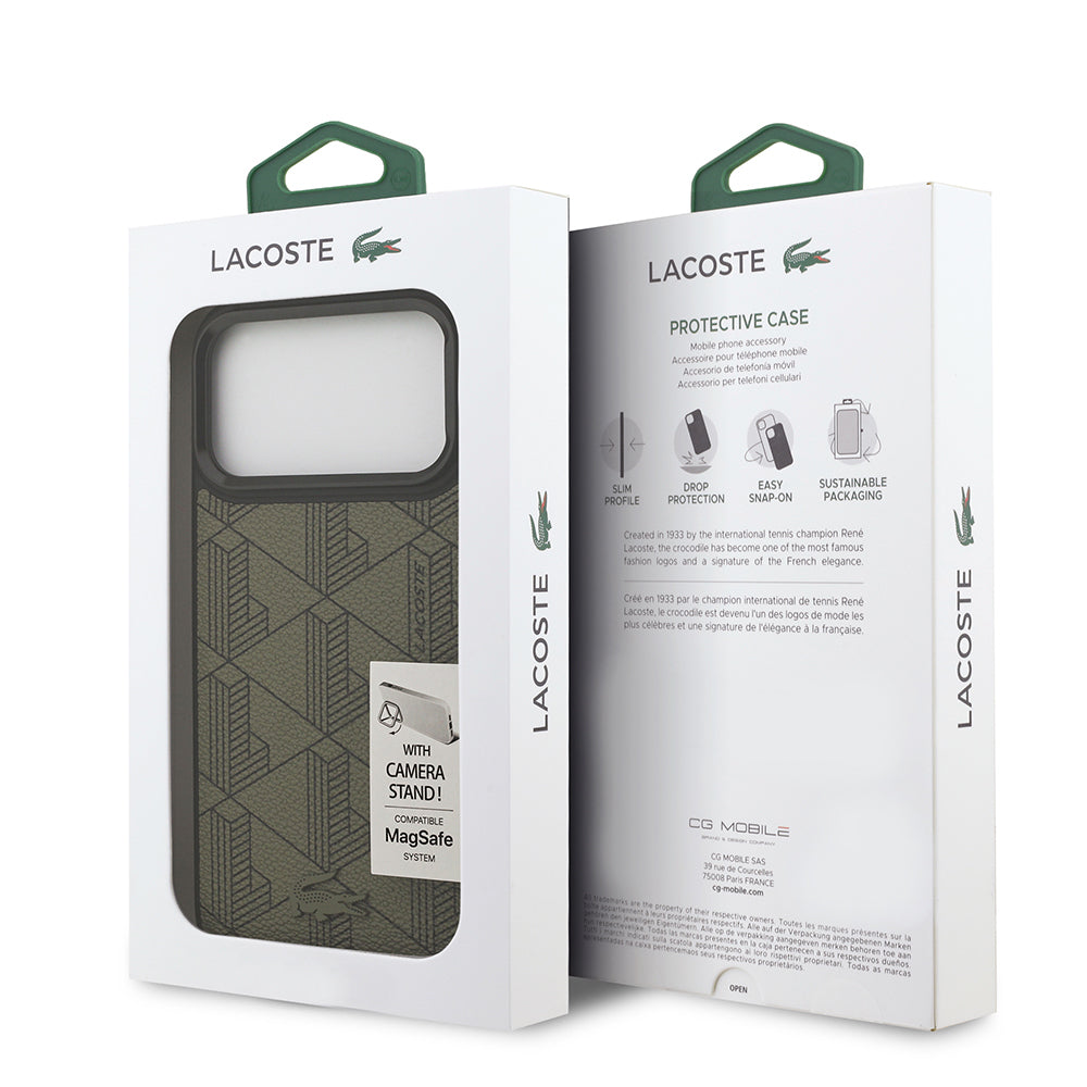 Apple iPhone 17 Pro Max Kılıf Lacoste Orjinal Lisanslı M-safe Şarj Özellikli Standlı PU Deri Karışık Monogram Desenli Kapak Yeşil